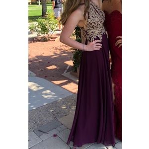 Reddish/purple halter dress with gold detailing